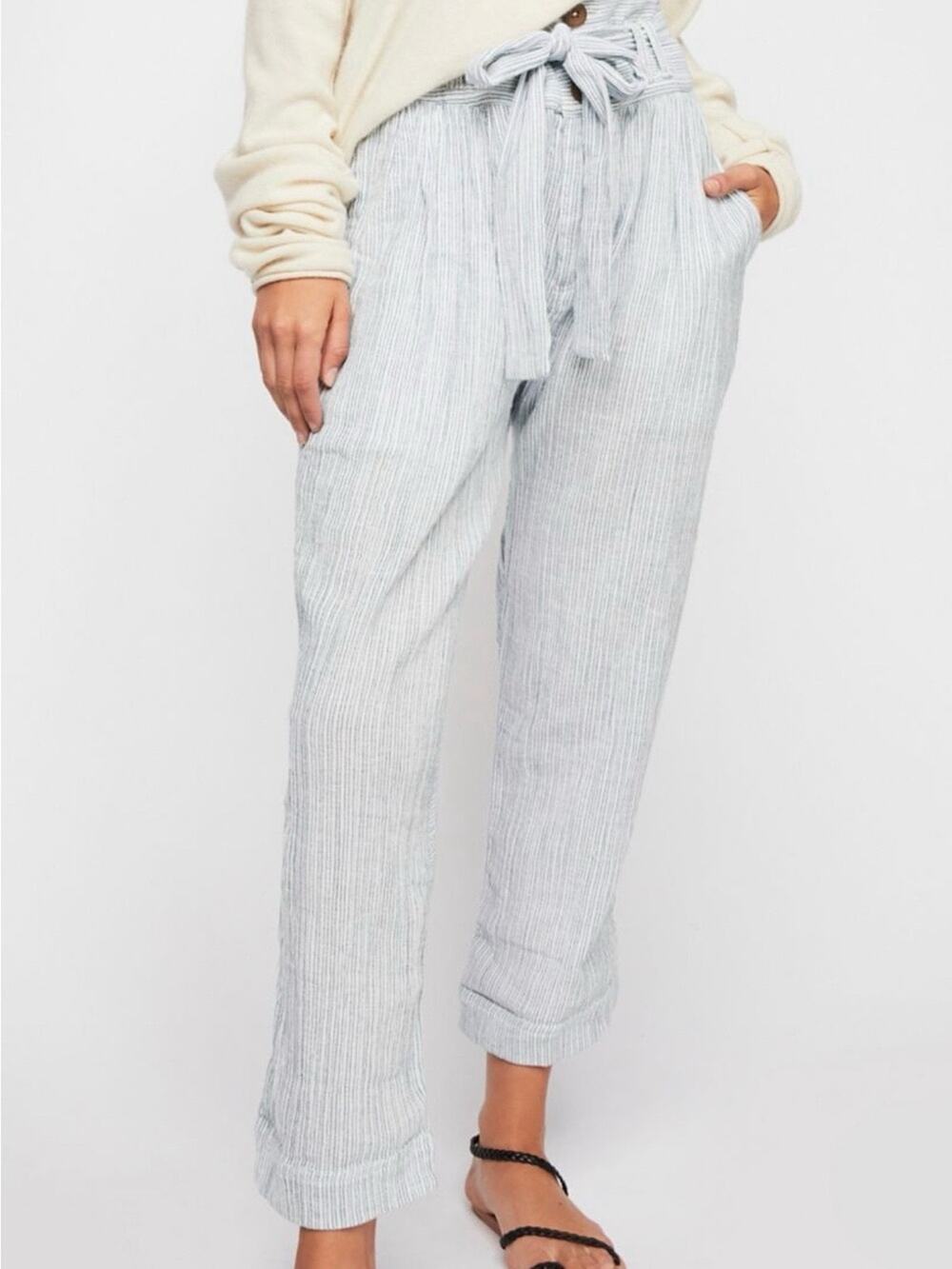 Free People Rumors Yarn Dye Harem Crop Pants Green Stripe Belted Size 0